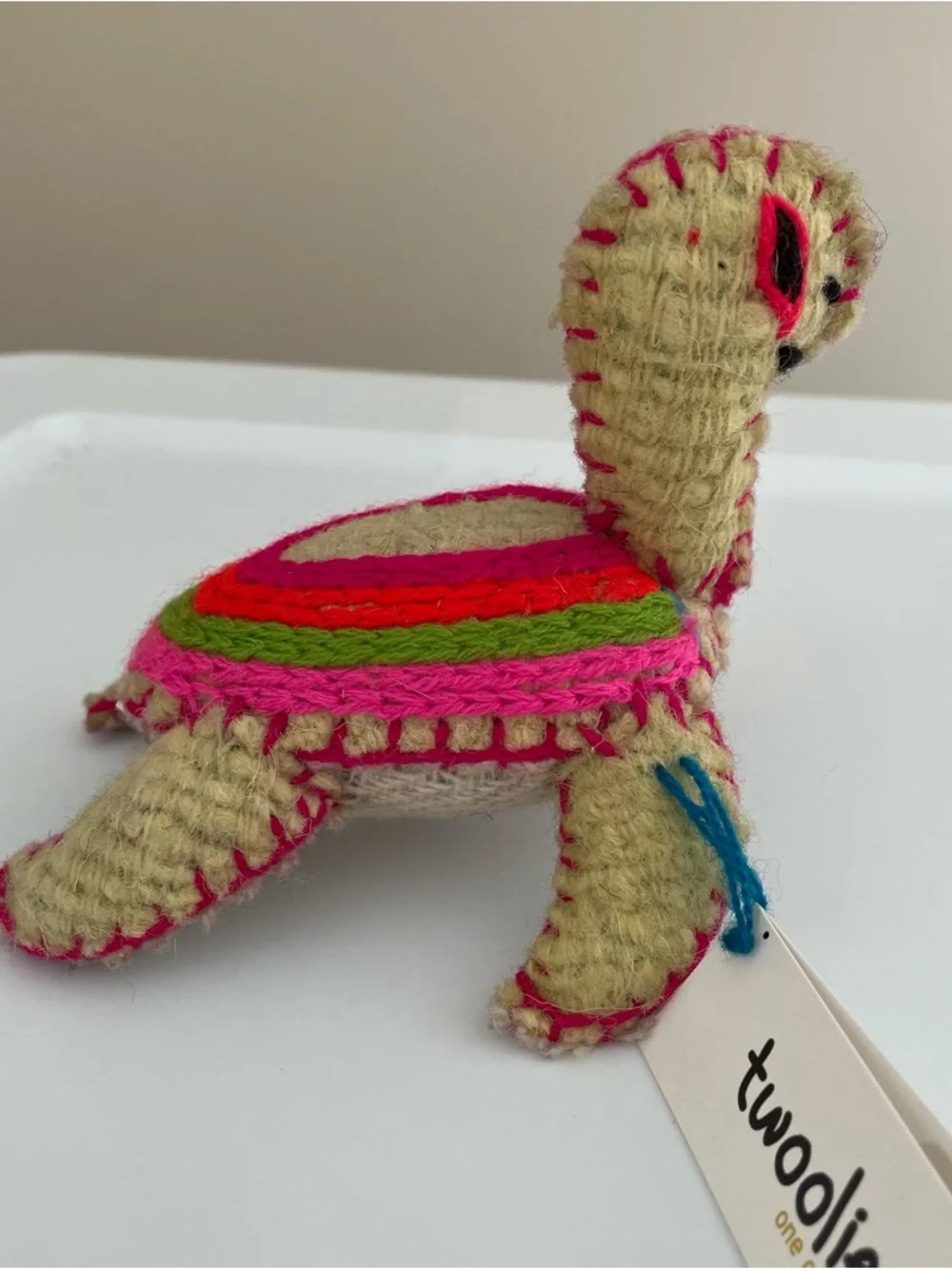 Twoolies Handcrafted Turtle Plush in Natural with Pink and Green Accents Wool